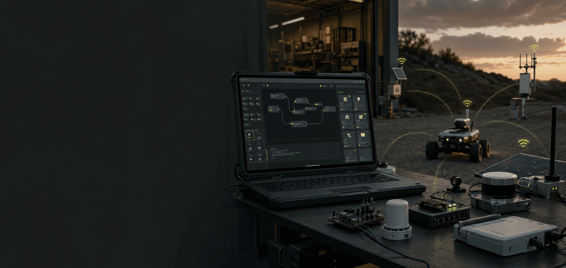 A cloud development workspace connected to sensors, gateways, and a physical field robot